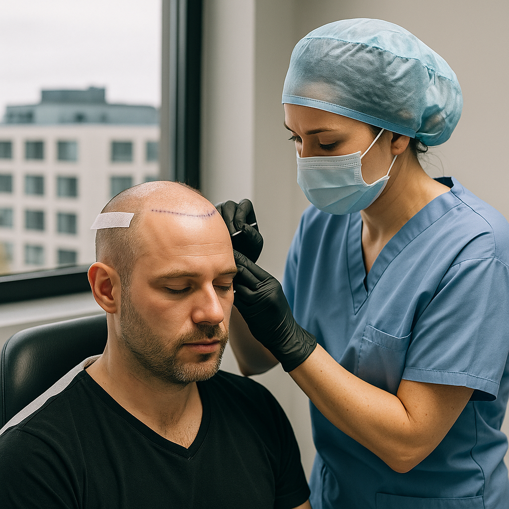FUE hair transplant in Sweden. Surgeon marking a male patient’s hairline in a clinic