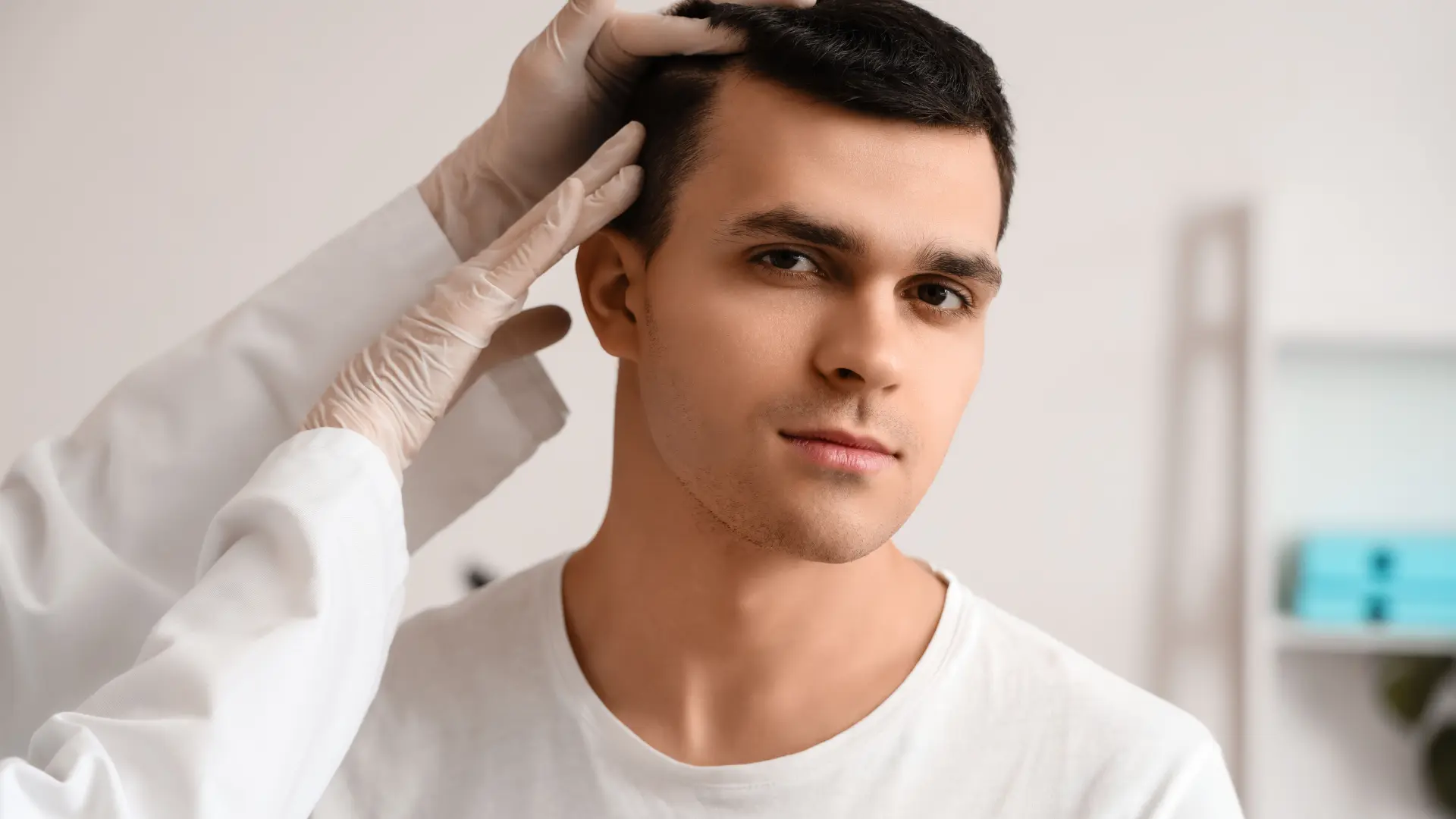 67-1 Man receiving Hyperbaric Oxygen Therapy (HBOT) after hair transplant surgery to speed up recovery