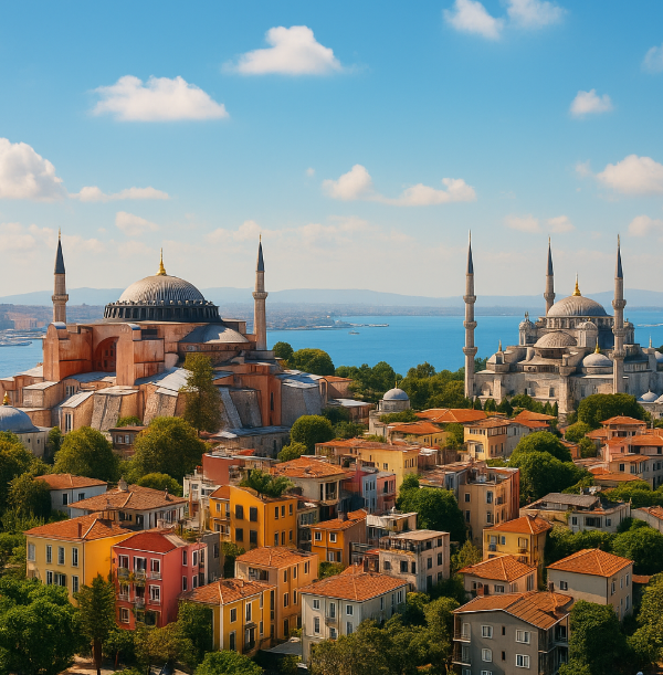 A breathtaking view of Istanbul, Turkey, featuring the iconic Blue Mosque at sunset with vibrant city lights, historic architecture, and the Bosphorus Strait in the background