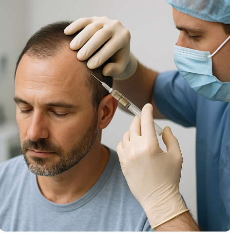 A doctor injects exosomes into the patient’s scalp, promoting hair follicle repair, reduced inflammation, and stronger regrowth.