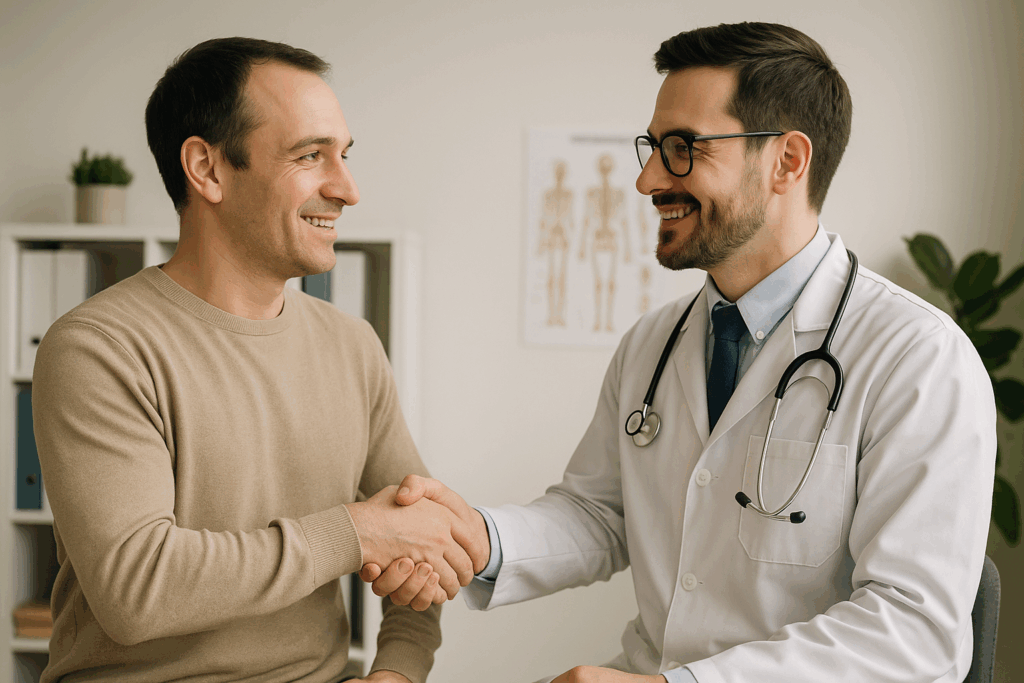 A patient from hairline transplant Turkey thanking a doctor for his hair transplant