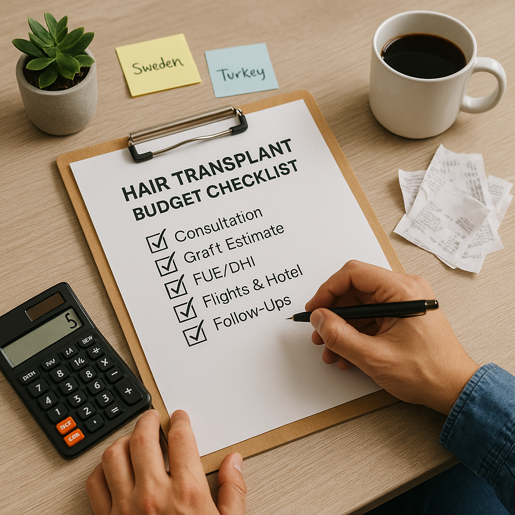 Person budgeting for a hair transplant, checking a cost checklist with a calculator and receipts on a desk.