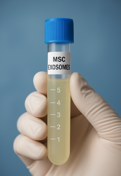 Close-up of a sterile medical test tube containing pale yellow MSC exosome solution.