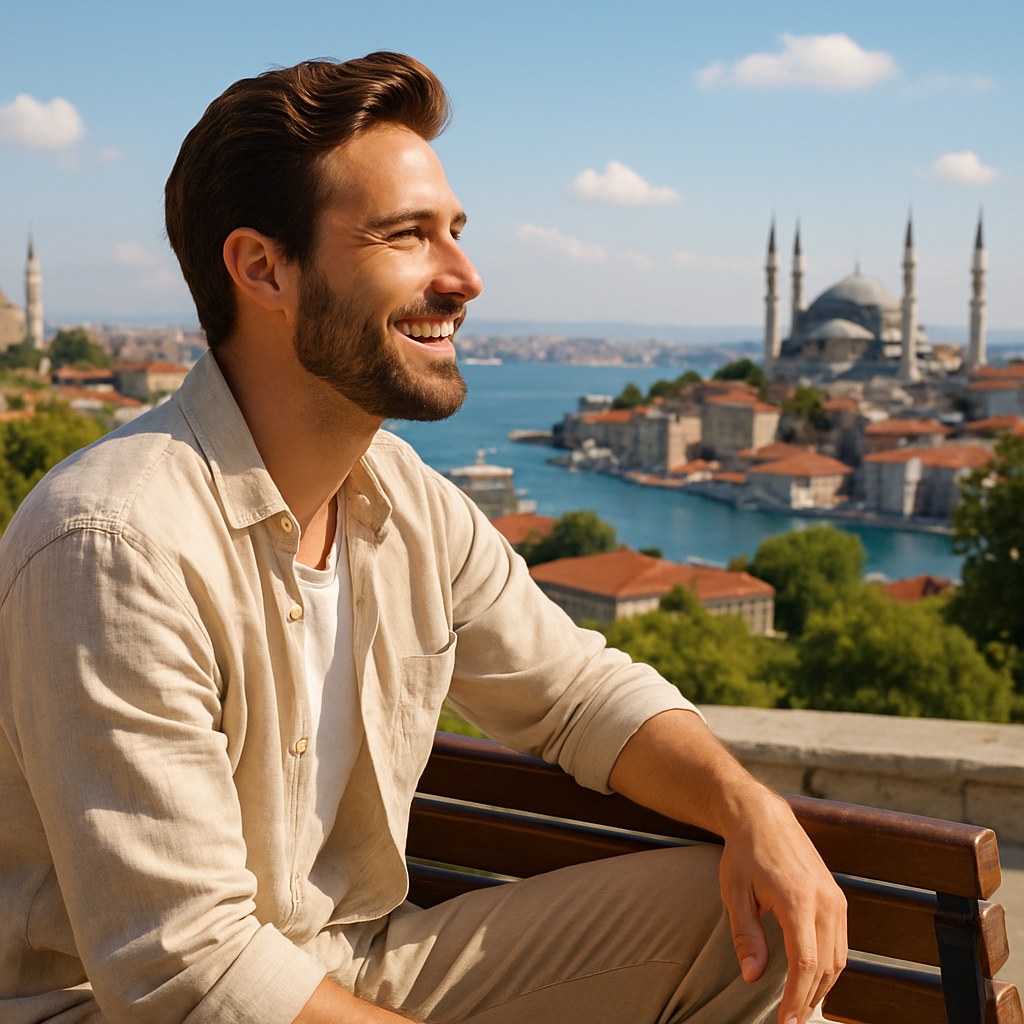 Man sitting on a bench overlooking Istanbul, symbolizing successful 5000 grafts hair transplant in Turkey