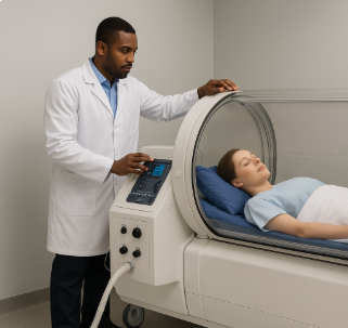 Patient in HBOT chamber to improve graft survival and scalp recovery post-hair transplant.