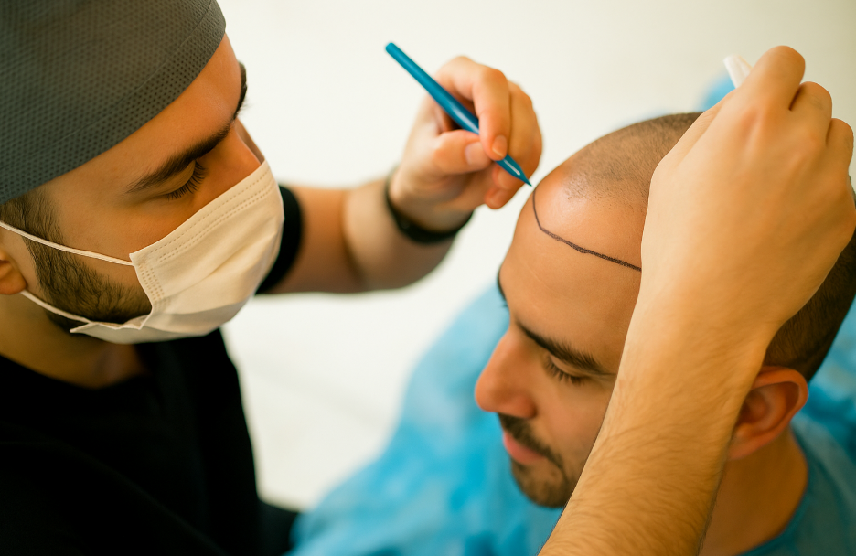 Surgeon drawing a natural hairline on a patient’s scalp before a hair transplant procedure.