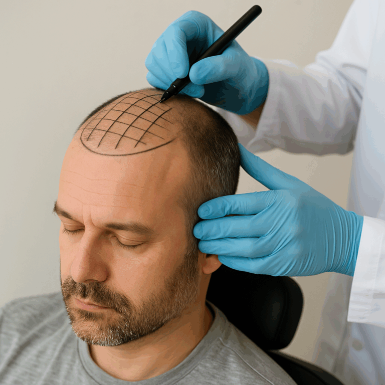 Surgeon marks a grid on a patients scalp to calculate graft placement for a hair transplant.