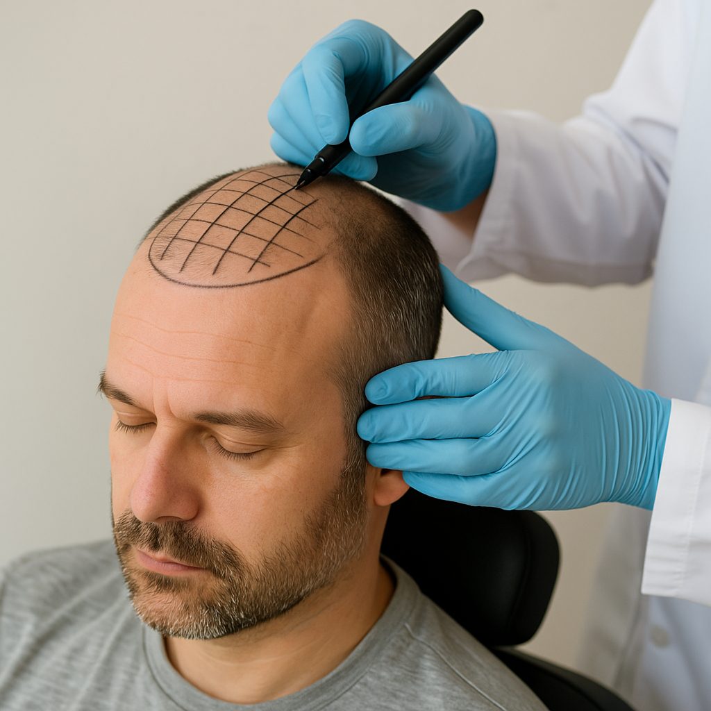 Surgeon marks a grid on a patients scalp to calculate graft placement for a hair transplant.