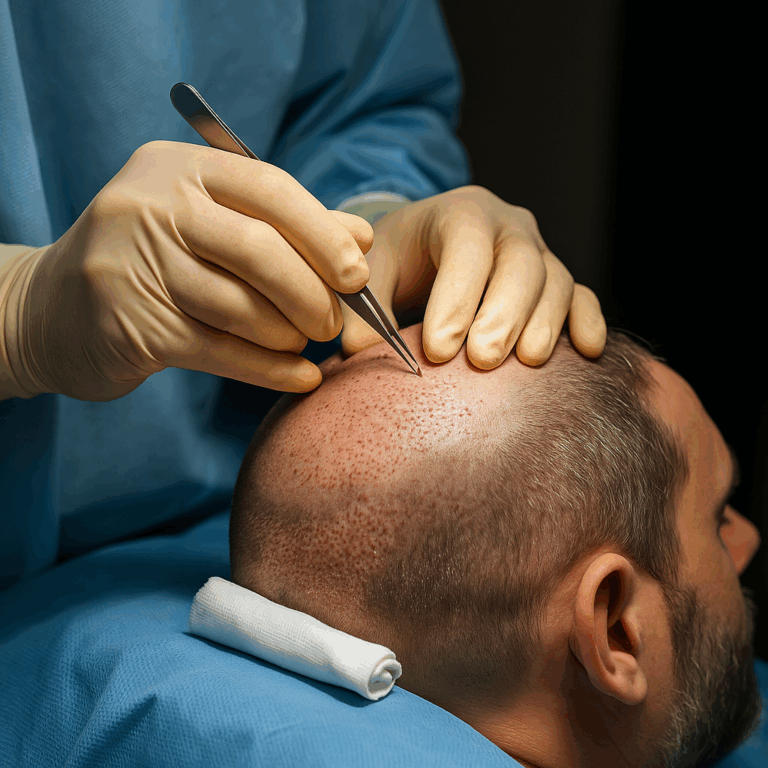 Surgeon performing an FUE hair transplant procedure, carefully extracting hair follicles from the scalp with forceps in a modern clinic setting