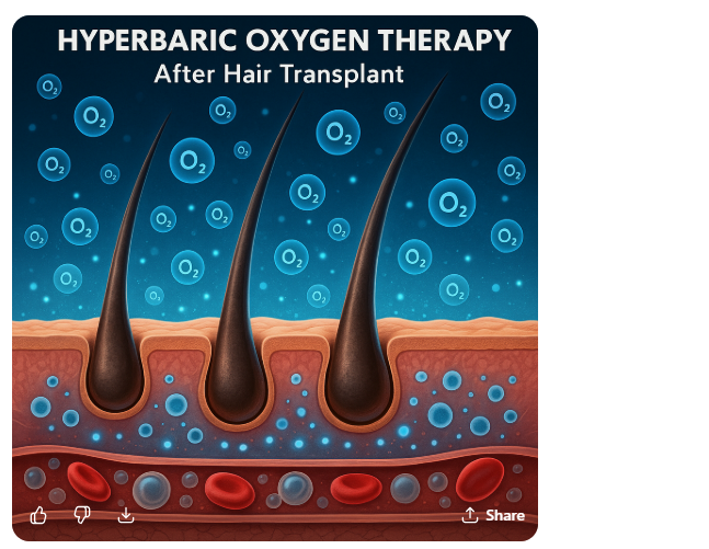 Microscopic illustration of how hyperbaric oxygen therapy (HBOT) works after a hair transplant, showing oxygen molecules penetrating scalp tissue, nourishing blood vessels, and supporting transplanted hair follicles.