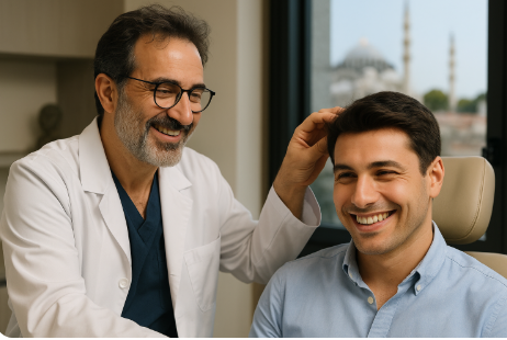 Hair transplant surgeon examines a patient’s restored hair in a Turkish clinic